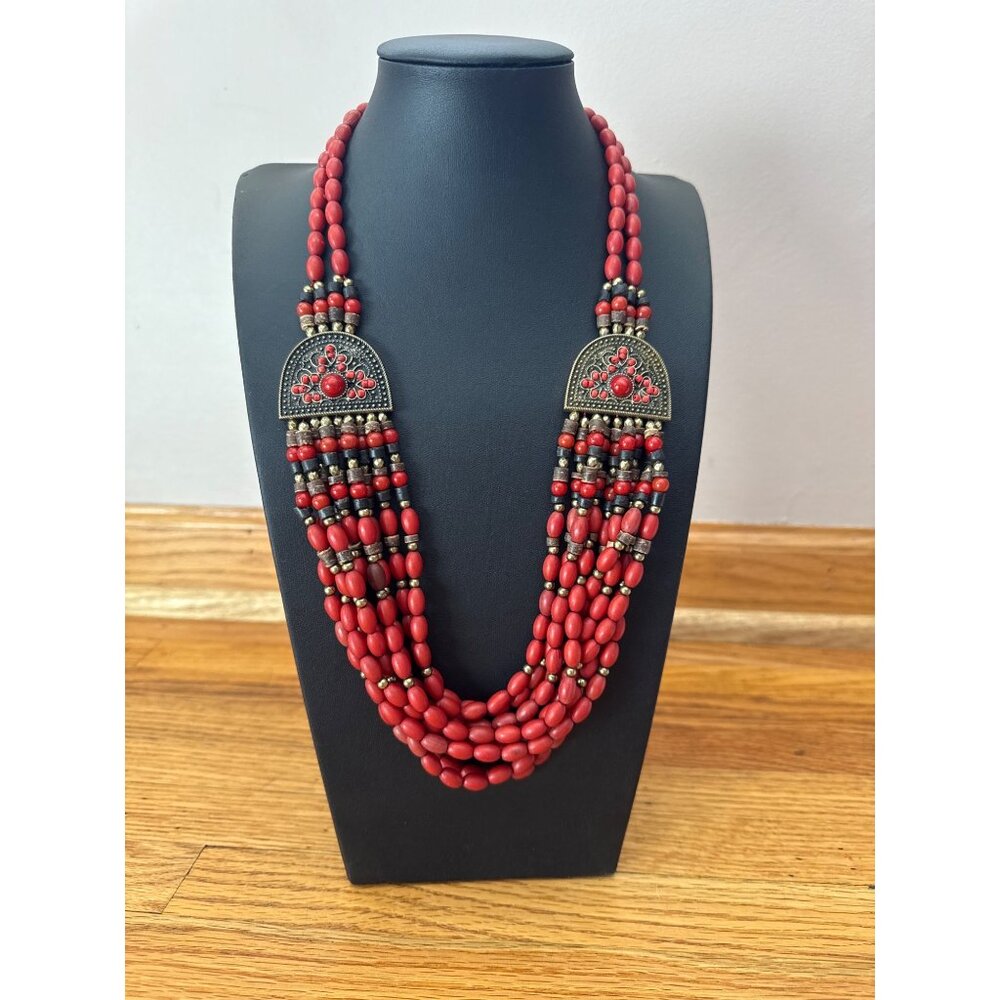 Vintage Red Beaded Multi-Layer Necklace Bronze Accents Adjustable Lobster Clasp